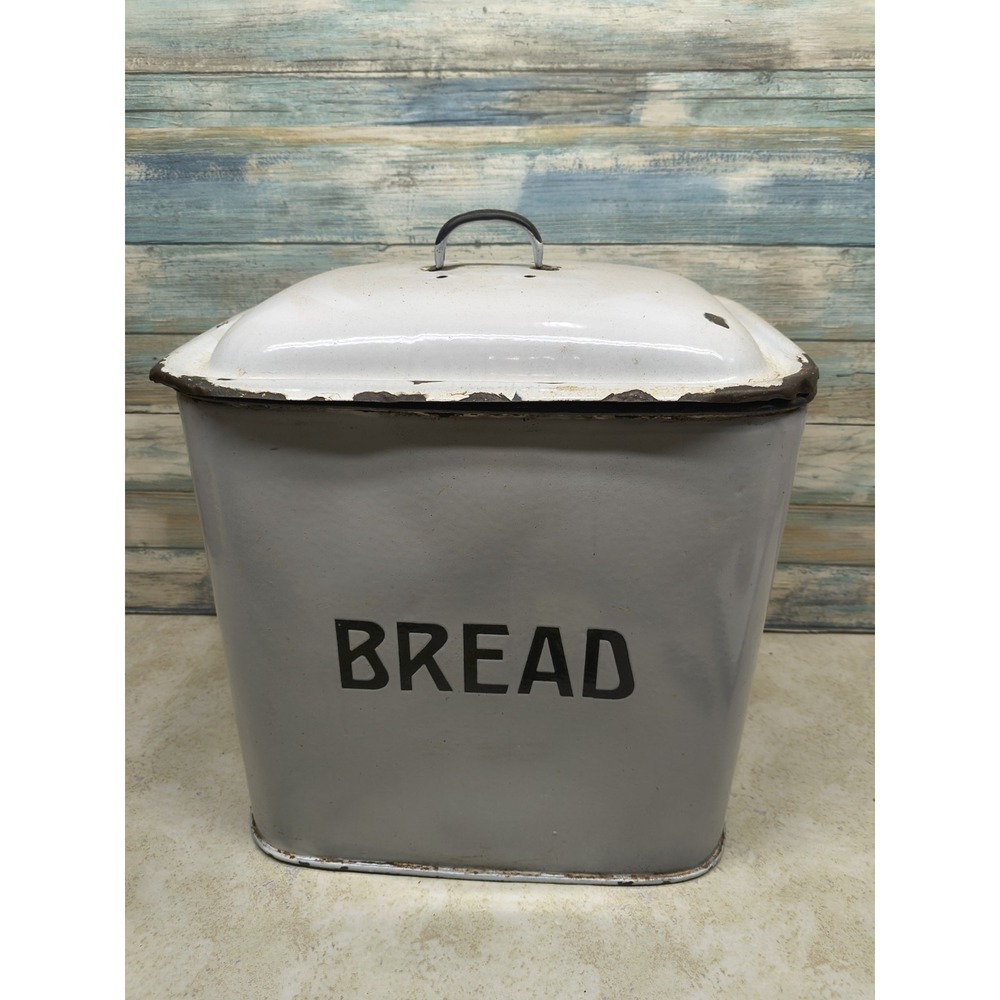Vintage White and Black Metal Bread Bin